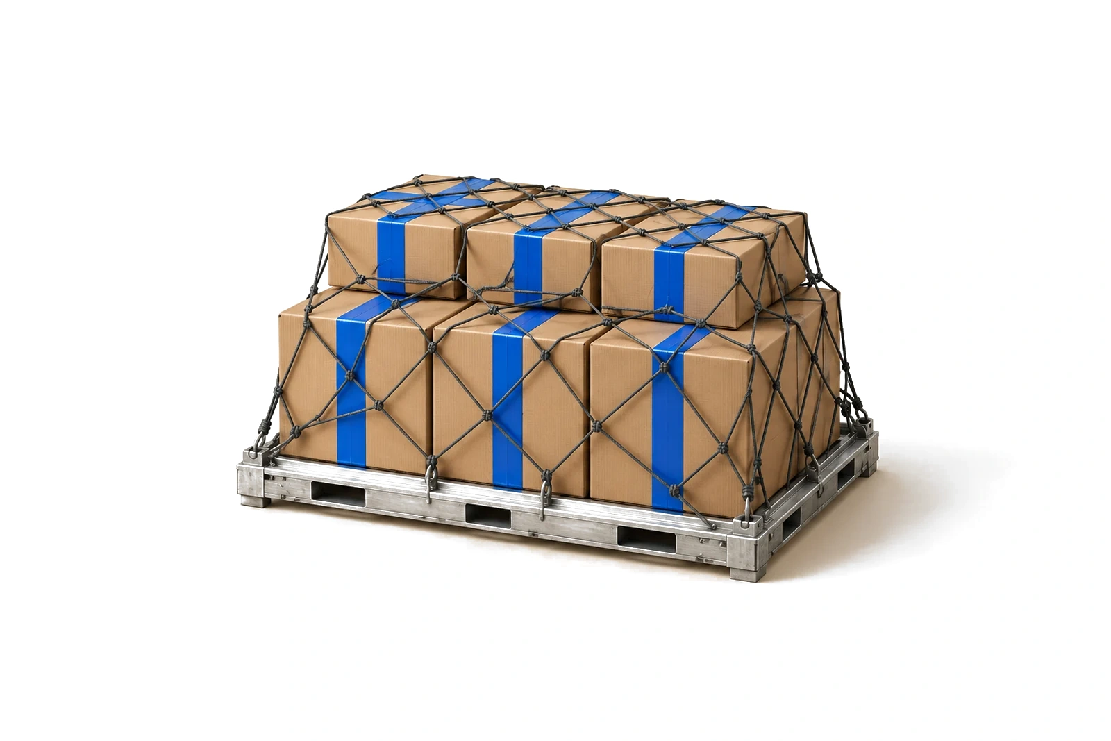 Kiện thùng kraft trên pallet nhôm hàng không, phủ lưới.