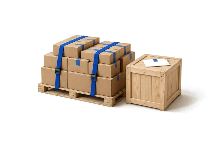 Pallet đầy thùng kraft chằng dây xanh bên cạnh một kiện gỗ.