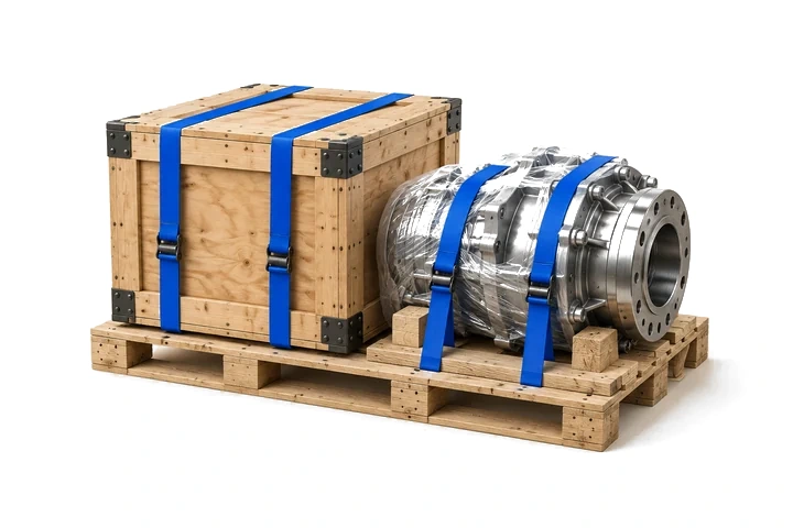 Kiện gỗ nặng và chi tiết máy bằng thép chằng dây xanh trên pallet.