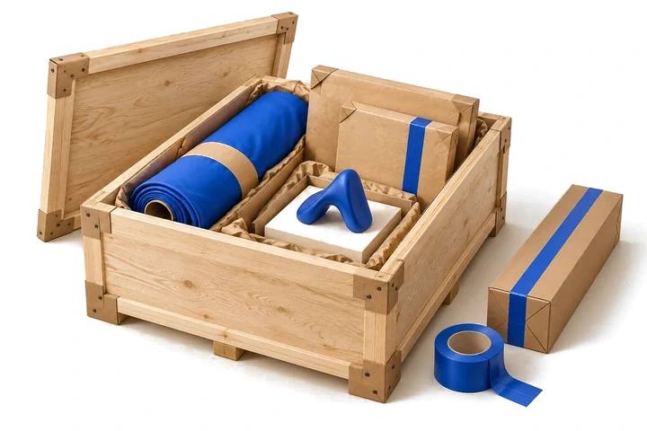 Kiện gỗ mở nắp chứa mẫu trưng bày và cuộn vải xanh.