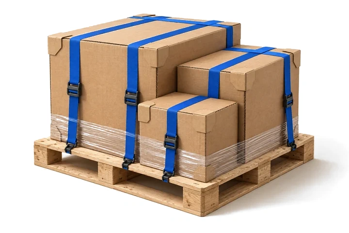 Các thùng kraft có nẹp góc và dây đai xanh trên pallet gỗ.