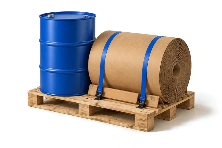 Thùng phi xanh và cuộn vật liệu kraft được chằng trên pallet gỗ.