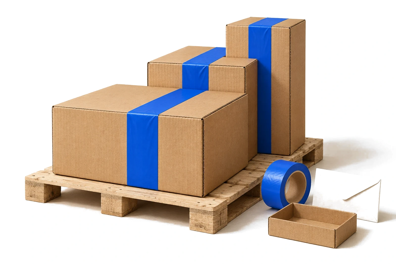 Ba thùng giấy kraft xếp cao dần trên pallet gỗ, mỗi thùng có một vệt băng keo xanh.