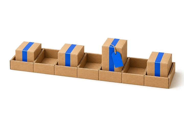 Bảy ô giấy kraft xếp thành hàng, vài ô có thùng dán băng keo xanh, một thùng gắn thẻ xanh để trống.